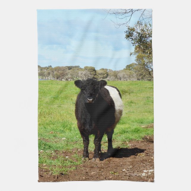 Woolly Black And White Galloway Cow, Tea Towel (Vertical)