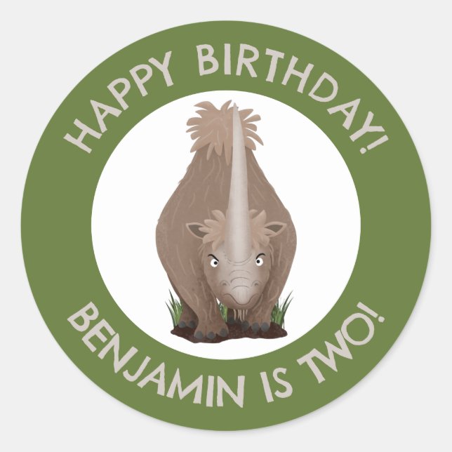 woolly rhino elasmotherium personalised birthday classic round sticker (Front)