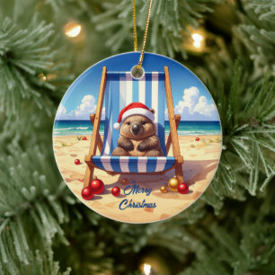 Woolly Wombat Santa hat Merry Christmas Ceramic Ornament