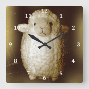 Wooly Fuzzy Sepia Lamb Square Wall Clock