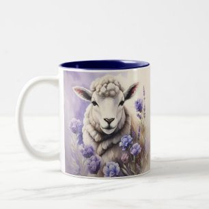 Wooly Sheep And Lavender Flowers Watercolor Two-Tone Coffee Mug