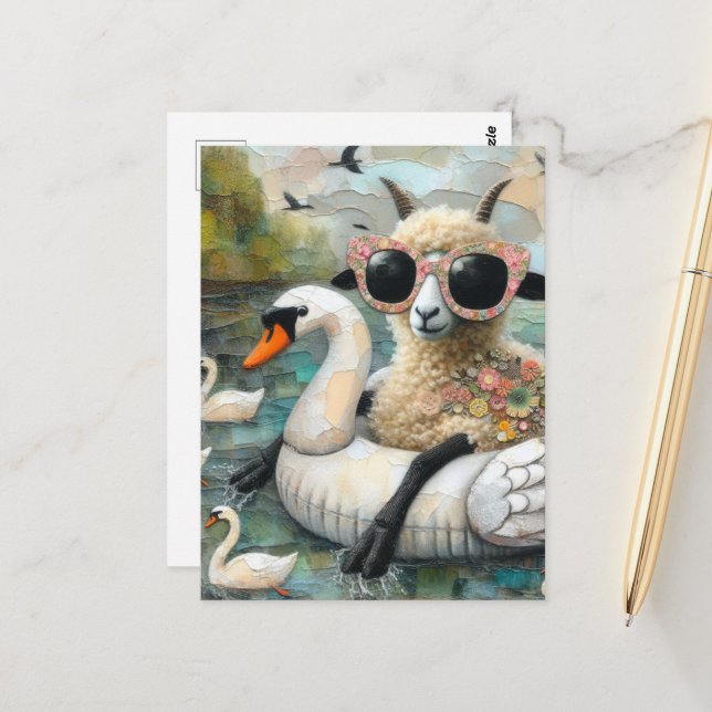 Wooly Sheep enjoys Floating in a Lake with Swans Postcard (Front/Back In Situ)