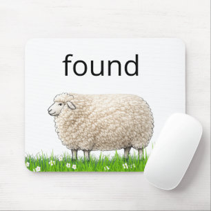 Wooly Sheep In Grass with "Found" Text Mouse Pad