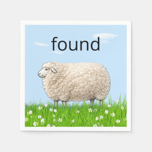 Wooly Sheep In Grass with "Found" Text Napkin