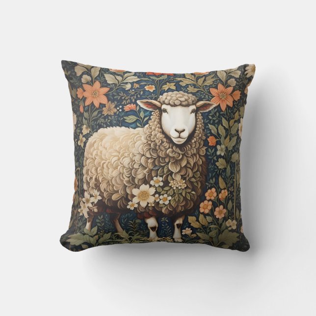Wooly Sheep William Morris Inspired Floral Cushion (Front)