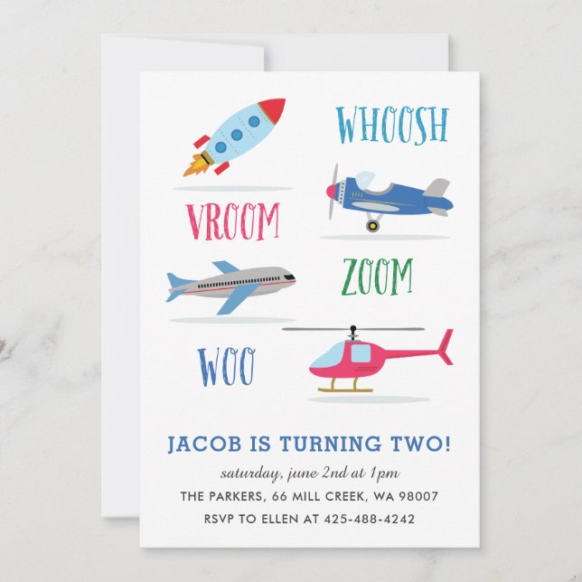 Woosh Vroom Woo Space Rocket Kid's birthday party  Invitation (Front)