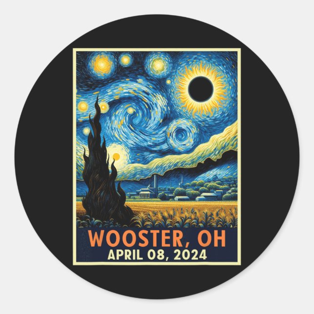 Wooster Ohio Total Solar Eclipse 2024 Starry Night Classic Round Sticker (Front)