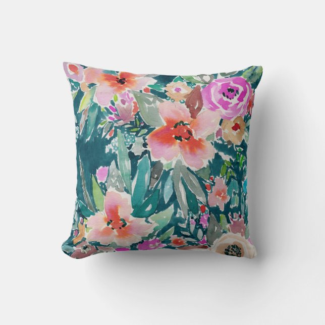 WOOT Colourful Tropical Floral Watercolor Cushion (Front)