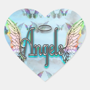 Word Art Angel with Wings & Halo - Rainbow coloure Heart Sticker