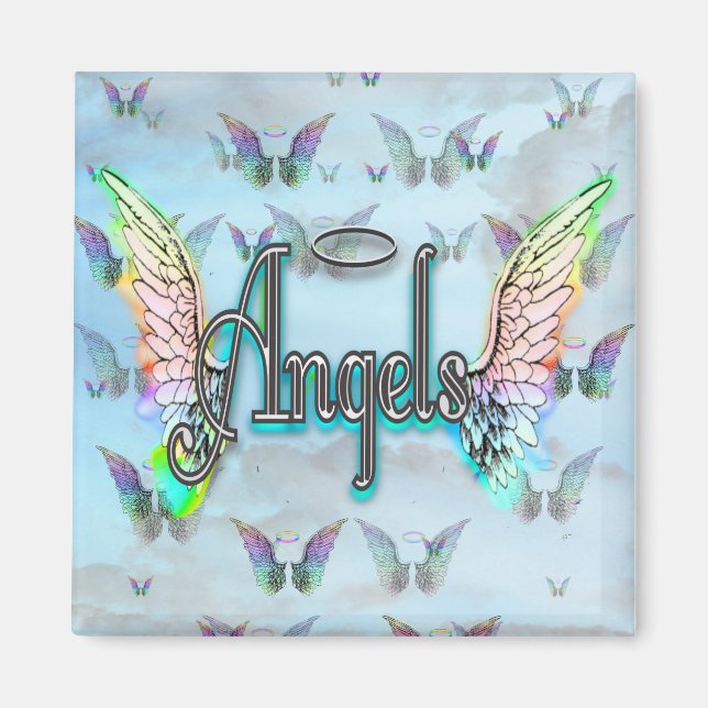 Word Art Angel with Wings & Halo - Rainbow coloure Magnet (Front)