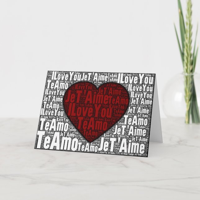 Word Art: "I Love You" 3 languages - red heart Holiday Card (Front)
