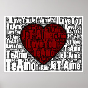 Word Art: "I Love You" 3 languages - Red Heart Poster