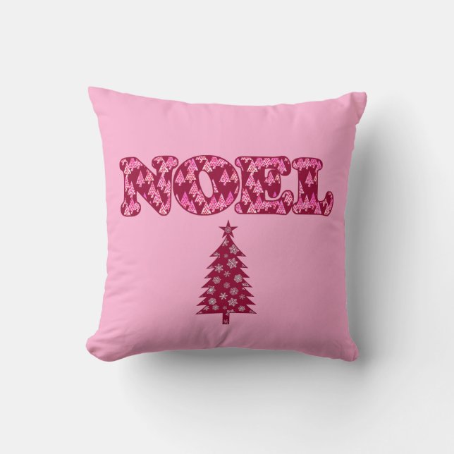 Word Art - Noel Patterned with Trees in Burgundy T Cushion (Front)