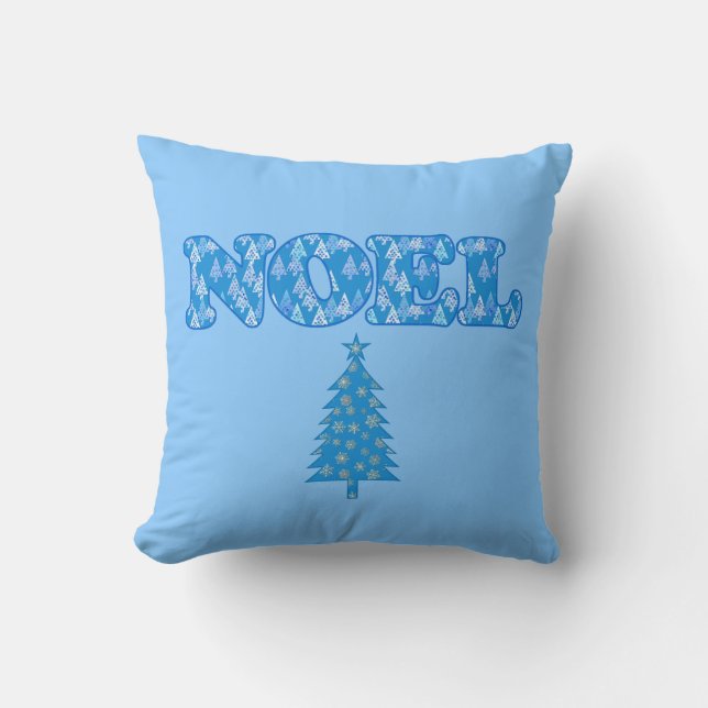 Word Art - Noel Patterned with Trees Light Blue  Cushion (Front)