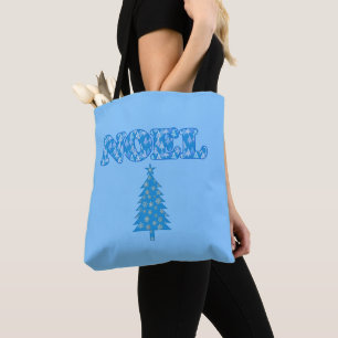 Word Art - Noel Patterned with Trees Light Blue T Tote Bag