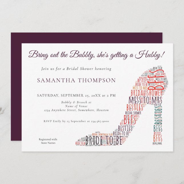 Word Art Stiletto Bubbly Purple Bridal Shower Invitation (Front/Back)