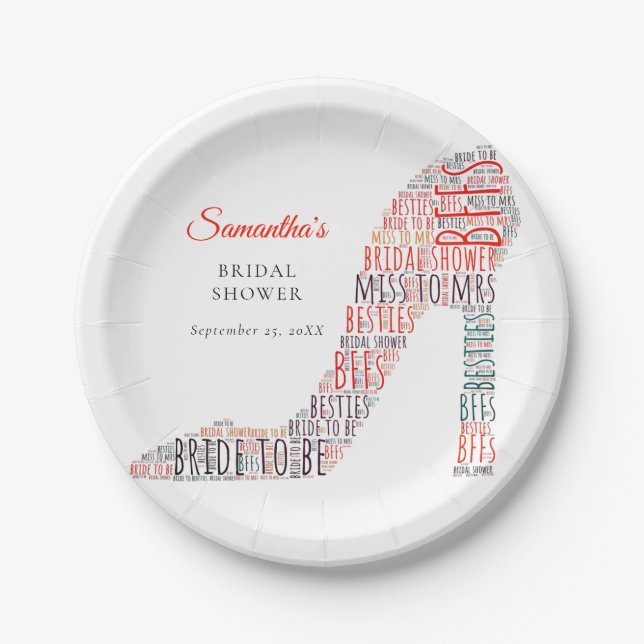 Word Art Stiletto Name Red Text Date Bridal Shower Paper Plate (Front)