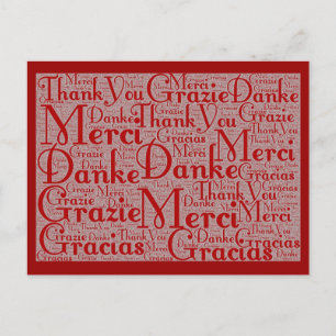 Word Art: Thank You in Multi Languages - Red White Postcard