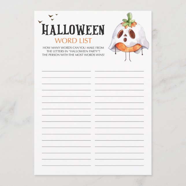 Word List Game for Halloween Themed Party (Front)