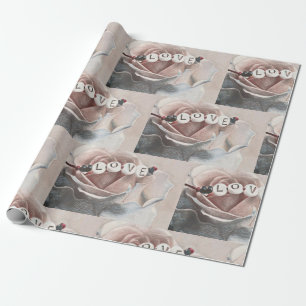 Word "Love" on Vintage Elegant blush pink Roses  Wrapping Paper