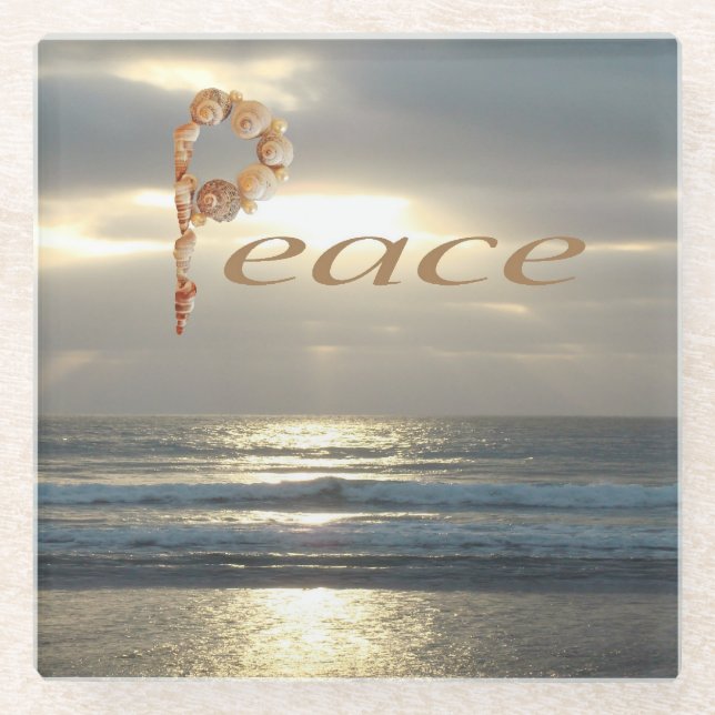 Word Peace with Seashells Ocean Horizon Landscape Glass Coaster (Front)