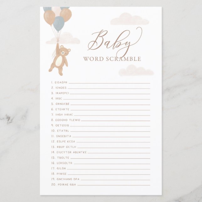 Word Scamble Baby Shower Game We Can Bearly Wait (Front)