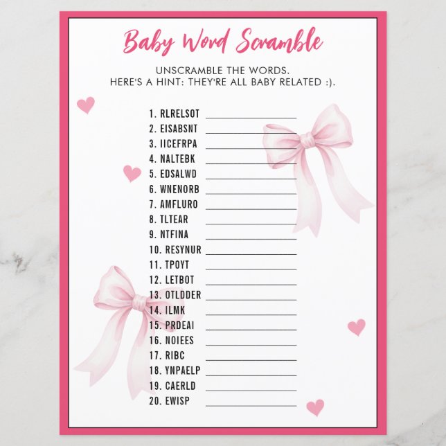 Word Scramble Baby Shower Game Pink Bow Ribbon (Front)