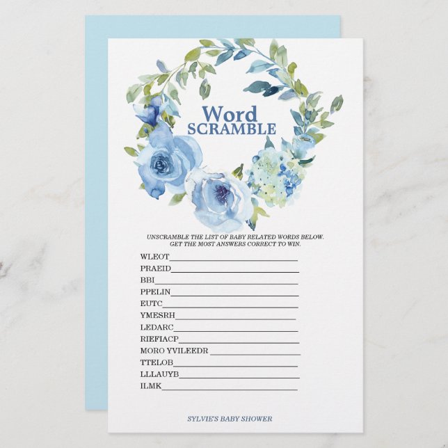 Word Scramble Blue Boy Baby Shower Game (Front/Back)