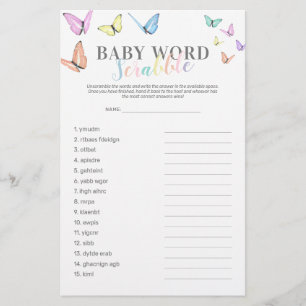 Word Scramble Butterfly Baby Shower Game