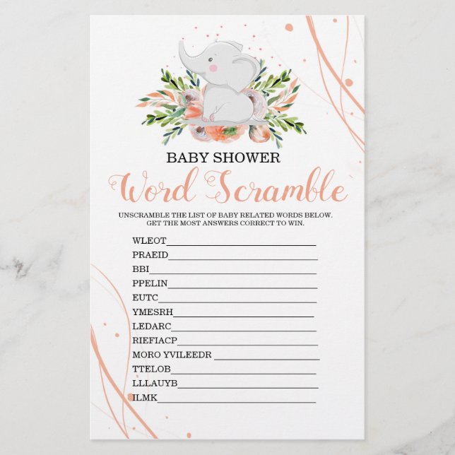 Word Scramble Coral Girl Baby Shower Game (Front)
