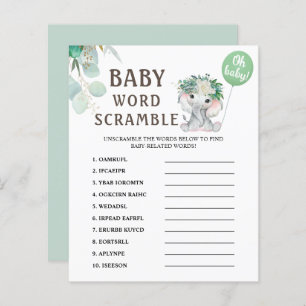 Word Scramble Elephant Green Balloon Baby Shower