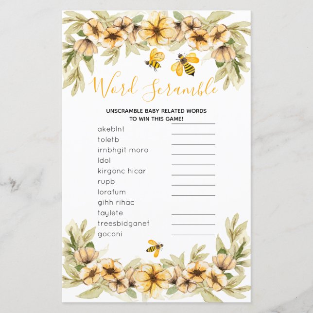 Word Scramble Game Bee Botanical baby shower (Front)