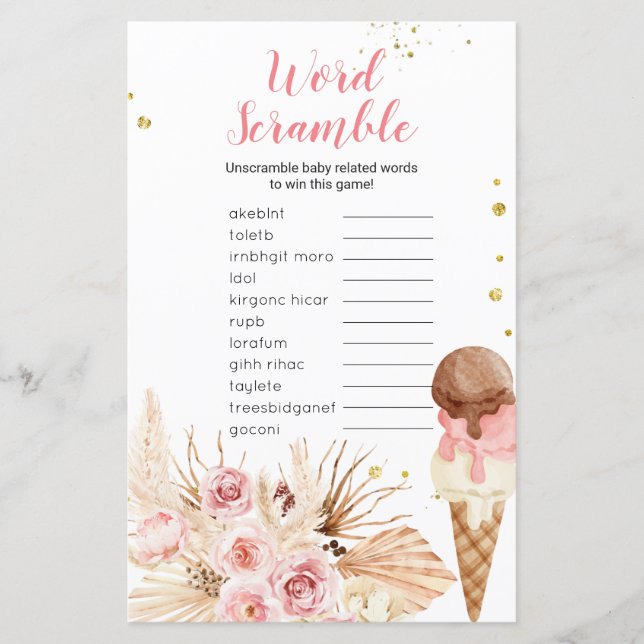 Word Scramble Game Boho Pampas Grass Ice cream (Front)