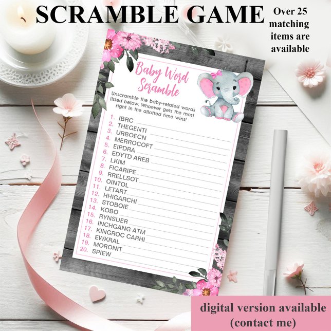 Word Scramble Game Elephant Pink Floral Flyer (Creator Uploaded)