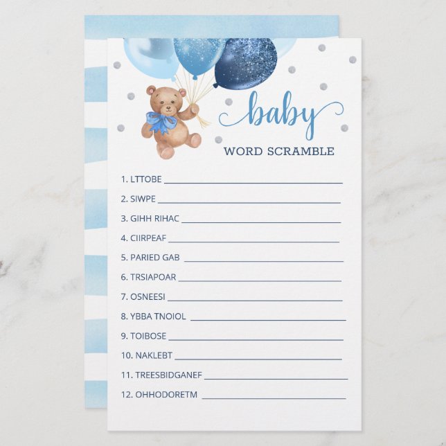 Word Scramble Game for the Baby Shower Teddy Bear (Front/Back)