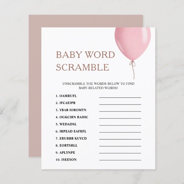 Word Scramble | Pink Balloon Baby Shower Game (Front/Back)