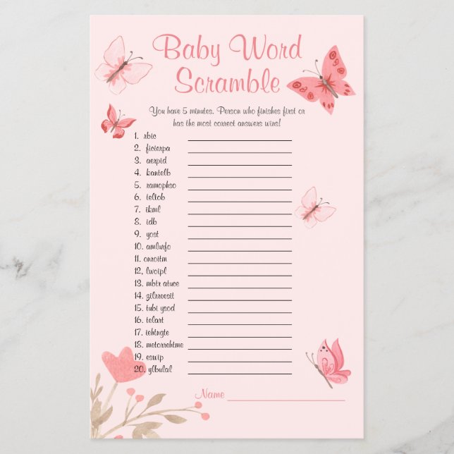 Word Scramble Pink Butterflies Baby Shower Game Flyer (Front)