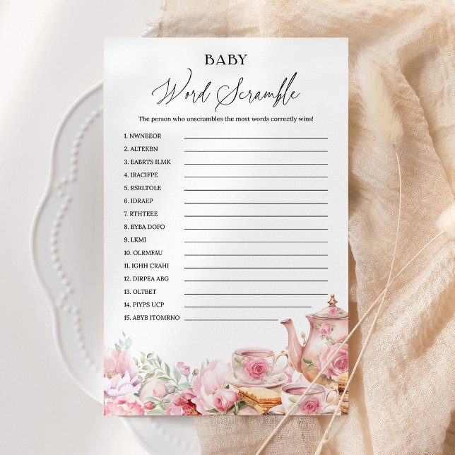 Word Scramble Pink Floral Tea Baby Shower Game (Creator Uploaded)