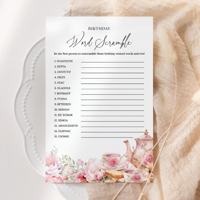 Word Scramble Pink Floral Tea Birthday Party Game (Creator Uploaded)