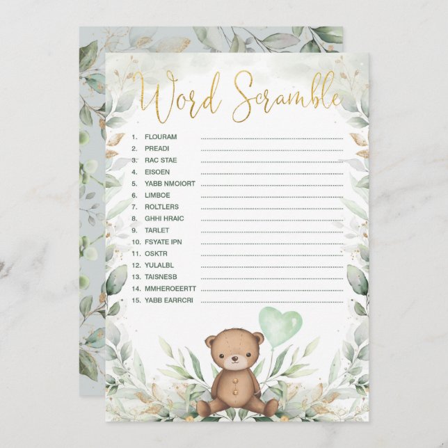 Word Scramble Teddy Bear Greenery Baby Shower Game Invitation (Front/Back)