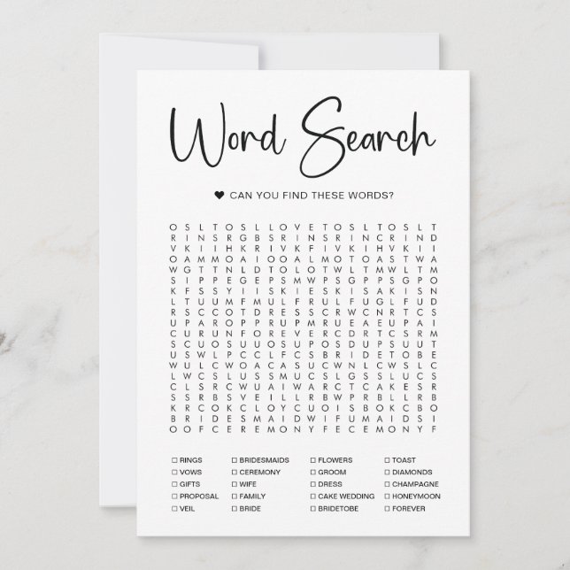 Word Search Bridal Shower Game Card (Front)