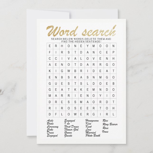 Word search gold glittering bridal shower game invitation (Front)