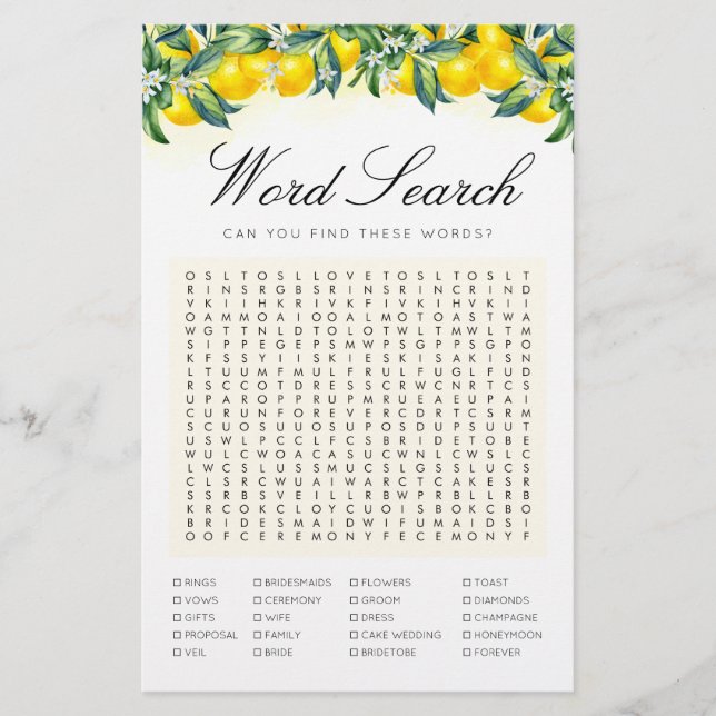 Word Search Lemon Game Bridal Shower Card (Front)