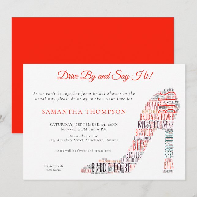 WordArt Stiletto Red Drive By Say Hi Bridal Shower Invitation (Front/Back)