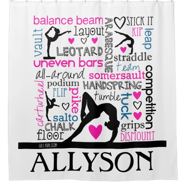 Words of Gymnastics Terminology w/ Monogram Shower Curtain (Front)