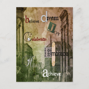 words to live by, antique ruin buildings postcard