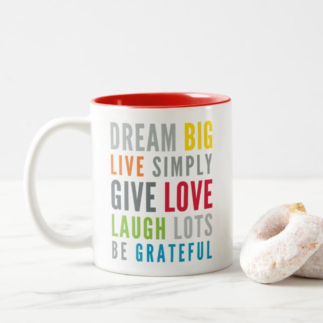 WORDS TO LIVE BY modern motivational mantra quote Two-Tone Coffee Mug (With Donut)