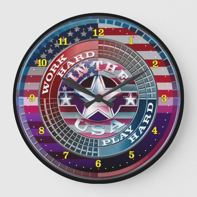Work Hard Play Hard In The USA Clock (Front)