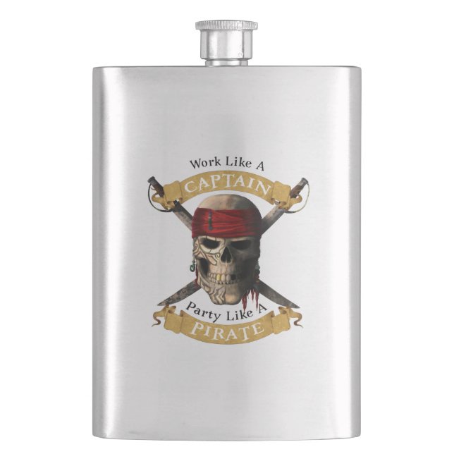 Work Like A Captain Party Like A Pirate Skull Joll Hip Flask (Front)