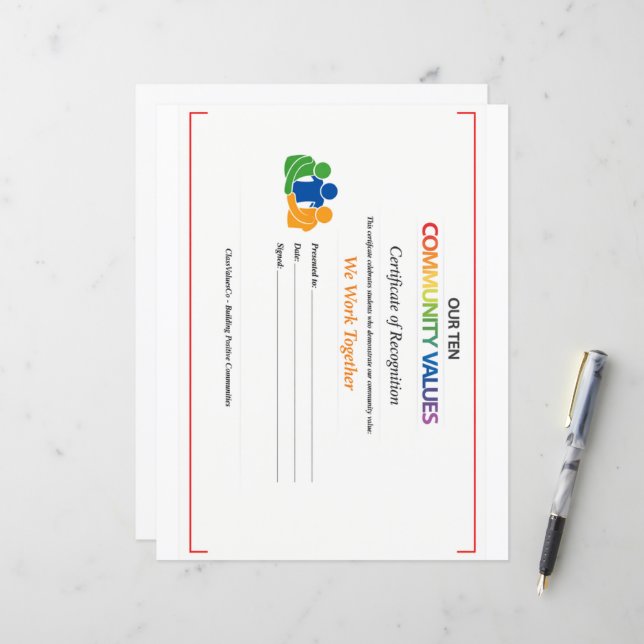 Work Together Value Certificate 8.5x11 Paper Sheet (Front/Back In Situ)